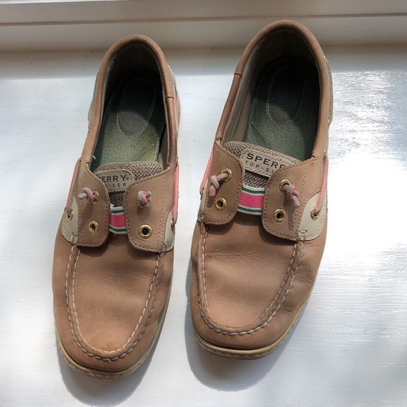 Sperry Top-sider boat shoes preppy size 9.5 women’s tan pink green - Picture 2 of 10